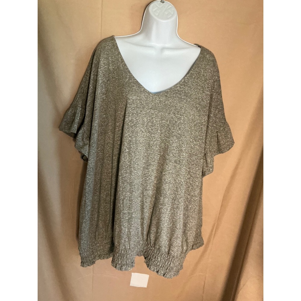 Sonoma Top Women 4X Olive Green Excellent Smocked Hem Ruffle Sleeve V-Neck